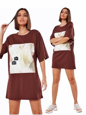 MISSGUIDED CHOCOLATE OVERSIZED HUN WHAT GRAPHIC T SHIRT - BRAND NEW